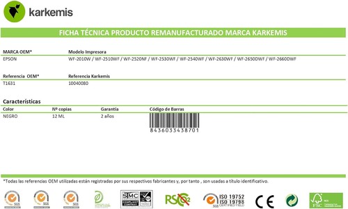 Karkemis – Recycled Ink Cartridge Epson Ink-Jet T1631 (16 X L) Black 13 ml Rem. - 第 3/5 張圖片