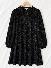 WHISTLES Black Long Sleeve Printed Smock Dress Drop Hem Pockets Size 10 12