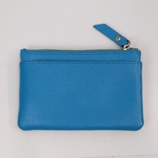 Blue Leather Zip Coin Pouch Key Ring Wallet Card Holder Compact Minimalist
