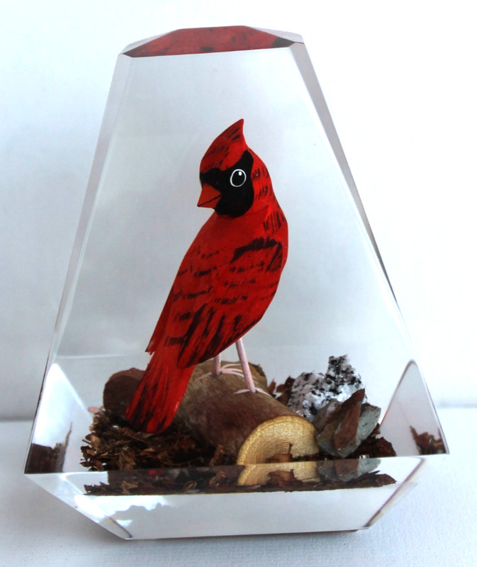 Vintage Hand Carved Painted Cardinal Lucite/Acrylic Unique Canada Paperweight