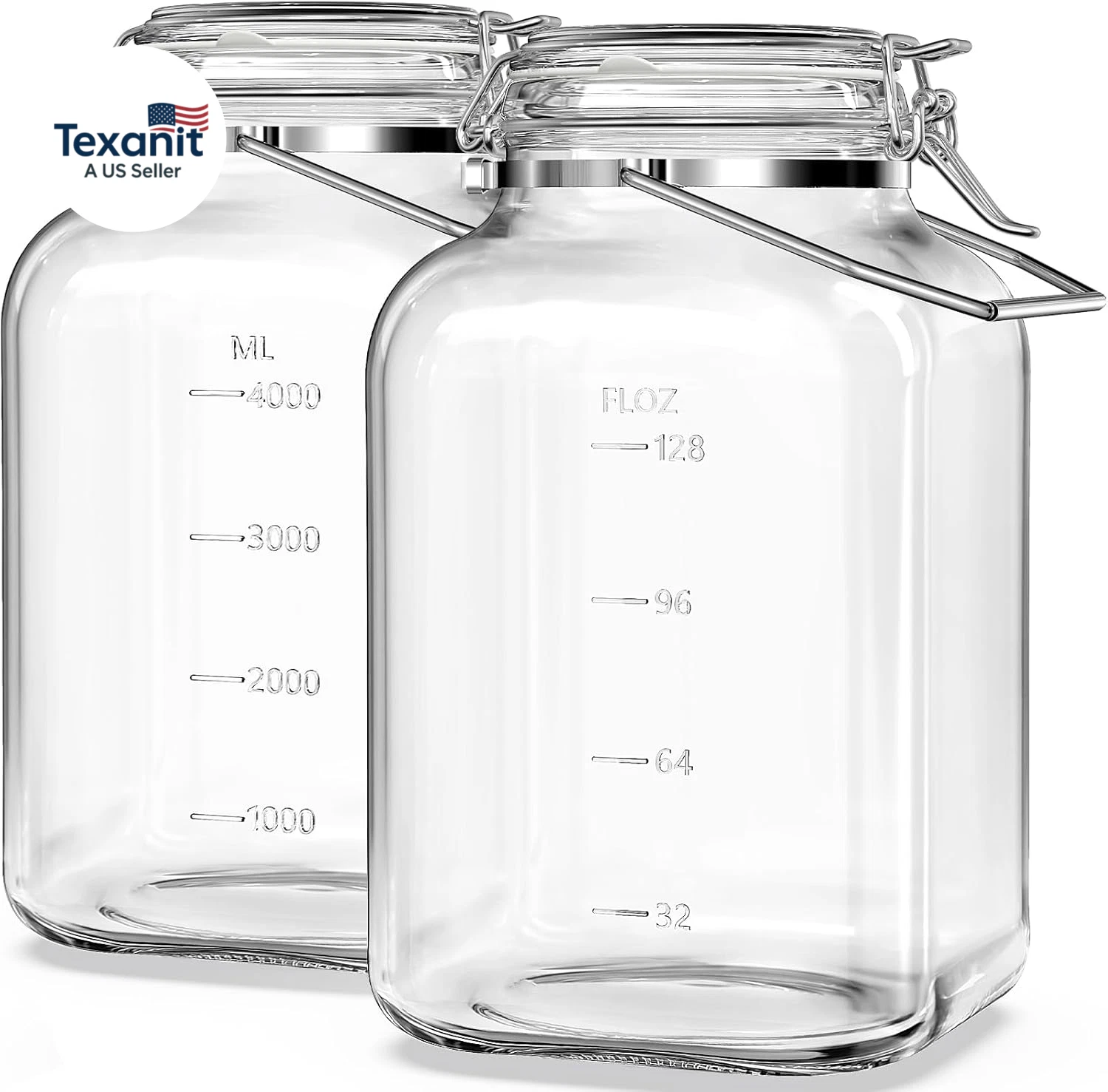 2 Pack 1.5 Gallon Glass Jar with Airtight Lid, 192 Oz Square Wide Mouth Mason Ja