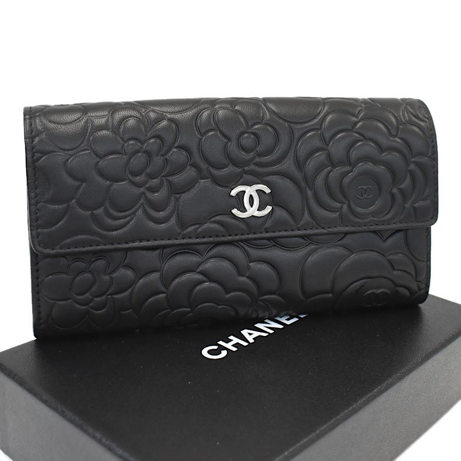 CHANEL Black Lambskin Camellia Embossed Flap Long Wallet with Coco Mark & Box