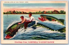 Postcard Altmont CO Campbells Guest Ranch Men Riding Exaggerated Fish C222