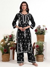Women  s Black Chikankari Kurta Palazzo Set Embroidered Ethnic Indian Suit Set