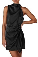 Women's Short Satin Dress Summer Sleeveless Mock Neck Tie Waist Cocktail Dress