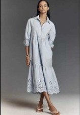 Anthropologie Maeve Bettina Tiered Shirt Dress Sz XL Petite Blue Eyelet Coastal