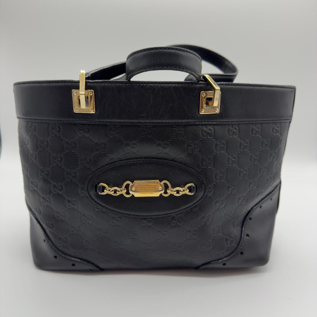 Gucci GG Leather Tote Bag Black Gold Embossed Logo Authentic Used
