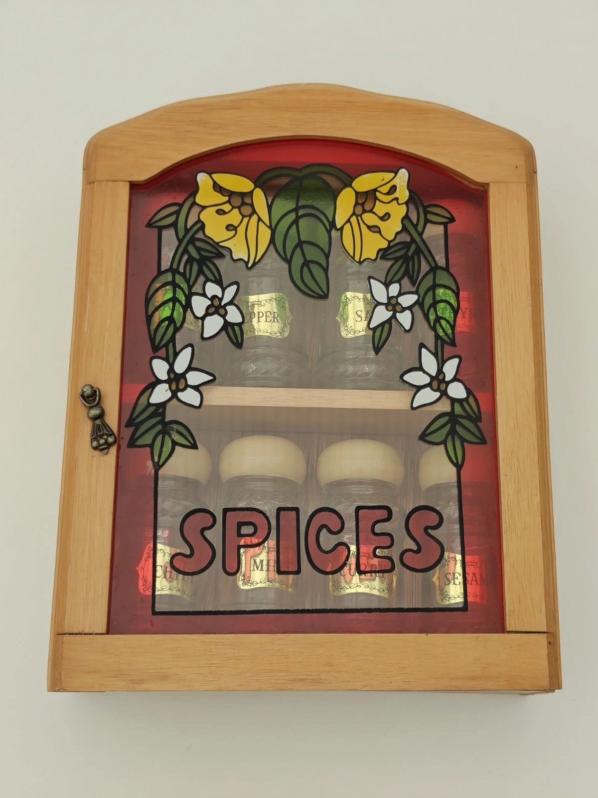 Vintage 70s Wooden Spice Cabinet Stained Glass with Spice Jars Labels