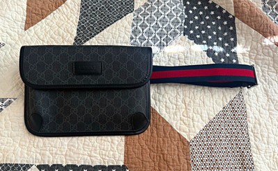 Gucci GG Monogram Crossbody Bag Black/Gray Adjustable Web Strap Made Italy