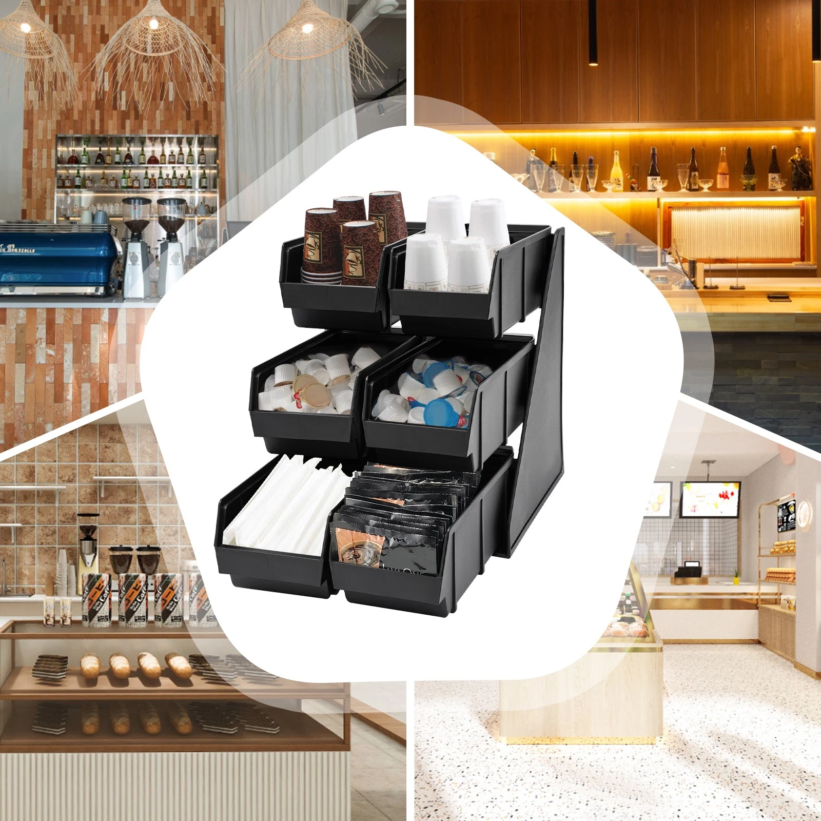 3 Tiers Wooden Countertop Organizer 6 Grid Versatile Condiment Dispenser Storage