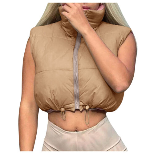 Damen Crop Puffer Weste Leicht Stehkragen Ärmellos Reißverschluss Wattiert Mantel - Bild 6 von 30