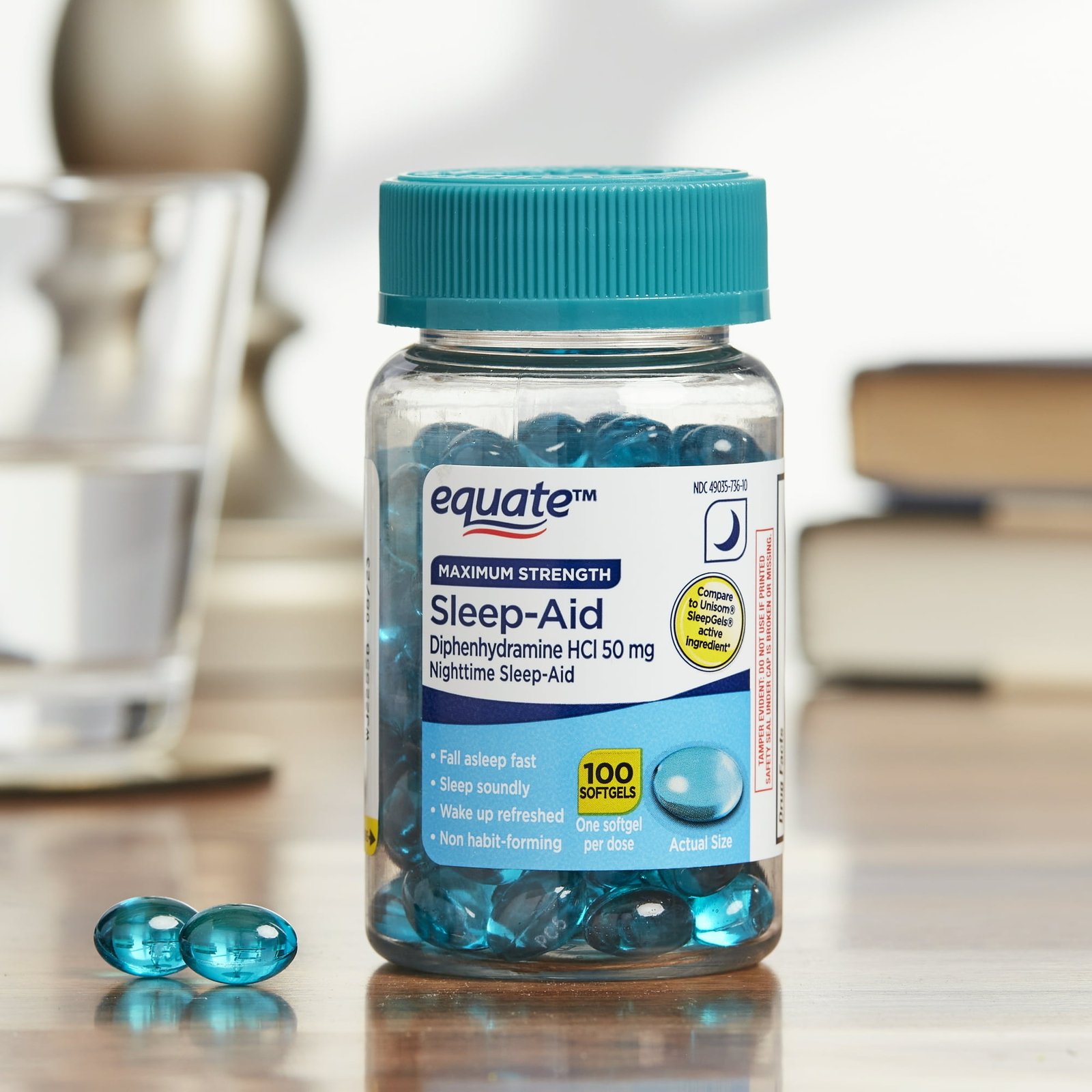 Equate Maximum Strength Diphenhydramine HCL Sleep-Aid Softgels, 50 Mg, 100 Count