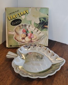 Vintage Chrome Plate Riviera Leaf Candy Trinket Relish Dish in Original Box 7 in