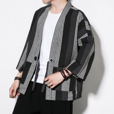 Men Striped Japanese Kimono Jacket Loose Coat Cardigan Outerwear Top Haori Retro