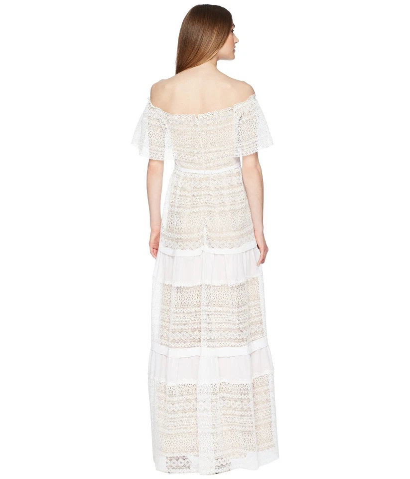 MONIQUE LHUILLIER ML White Nude Tiered Off Shoulder Lace A-Line Maxi Gown 14 US - Image 4 of 4