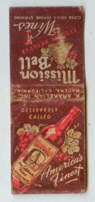 1940s Madera California Mission Bell Wine matchbook K. Arakelian Co. Armenian