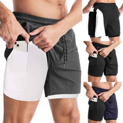 Männer 2in1 Trainingsshort Kurze Hosen Schnelltrocknende Laufshorts mit Taschen
