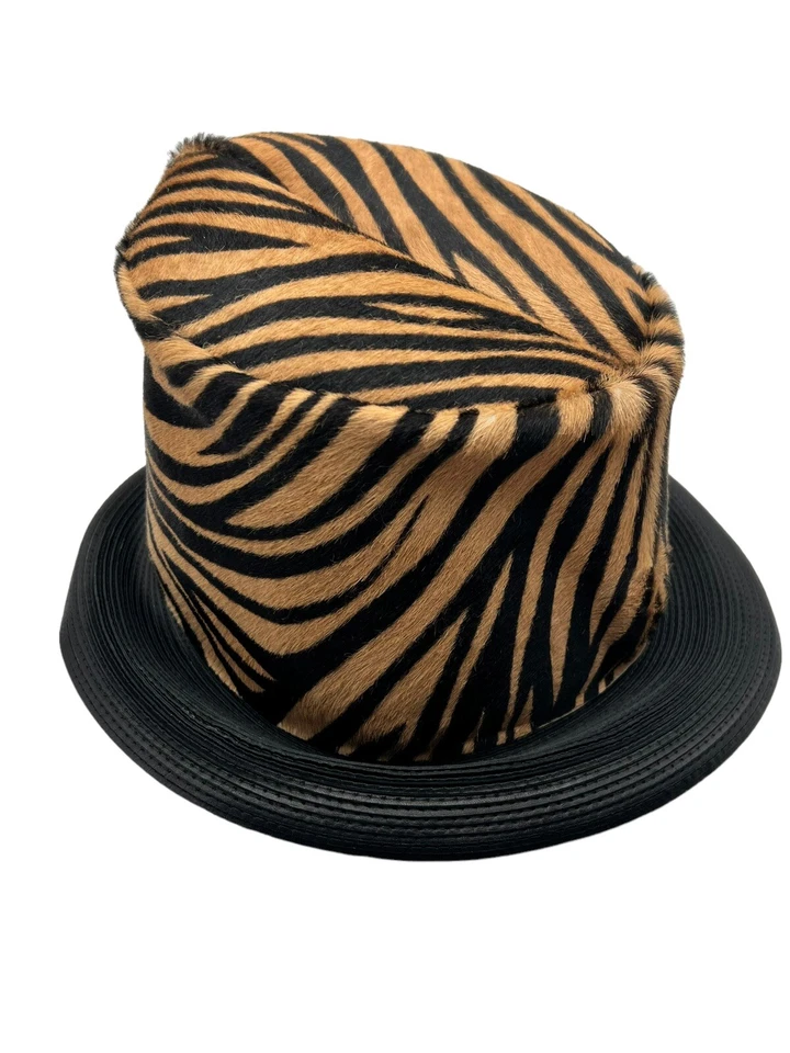 PATRICIA UNDERWOOD MARRÓN CEBRA RAYAS PONY PELO DE BECERRO SOMBRERO FEDORA ALA DE CUERO Foto 4 de 4