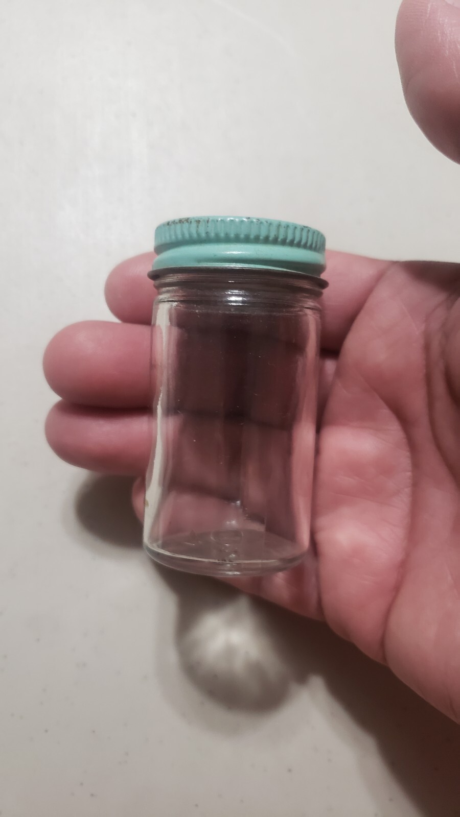 Vtg Alka Seltzer Bottle Jar Clear Glass Teal Dark Blue Metal Screw Cap Lid 2.75&rdquo;