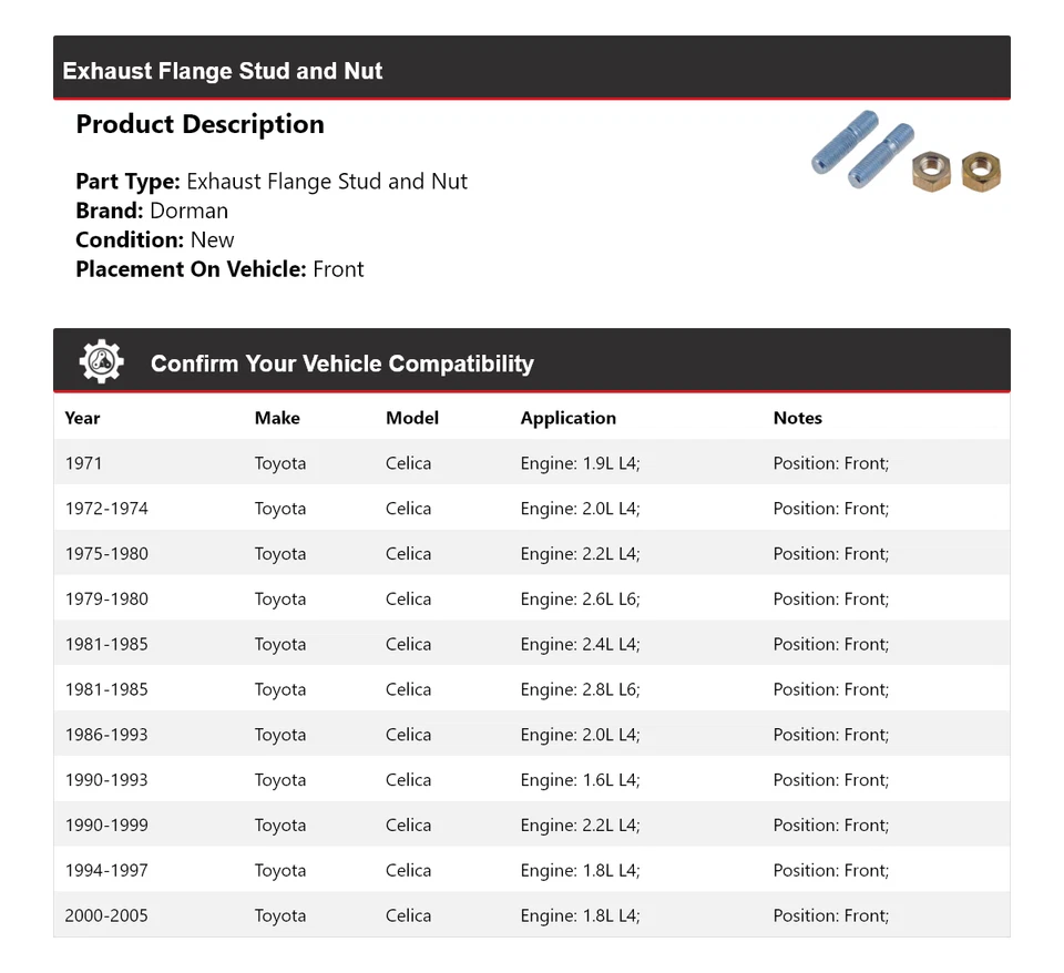 Para Toyota Celica Dorman 1971-2005 brida de escape perno y tuerca delantera 1972 1973 Foto 2 de 3