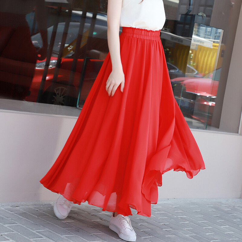 Women High Elastic Waist A-line Maxi Pleated Skirt Sheer Chiffon