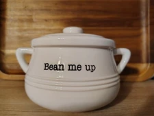 Mud Pie Tureen, Bean Me Up, White Ceramic Serving Piece Farmhouse Home Decor 