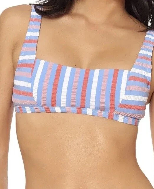 Traje de baño Jessica Simpson Seersucker bikini a rayas azul blanco rosa cintura alta con corbata Foto 2 de 4