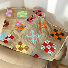 Vtg Handmade Scrap Style Patchwork Picnic Quilt Nine Patch Blocks Colorful 68x78