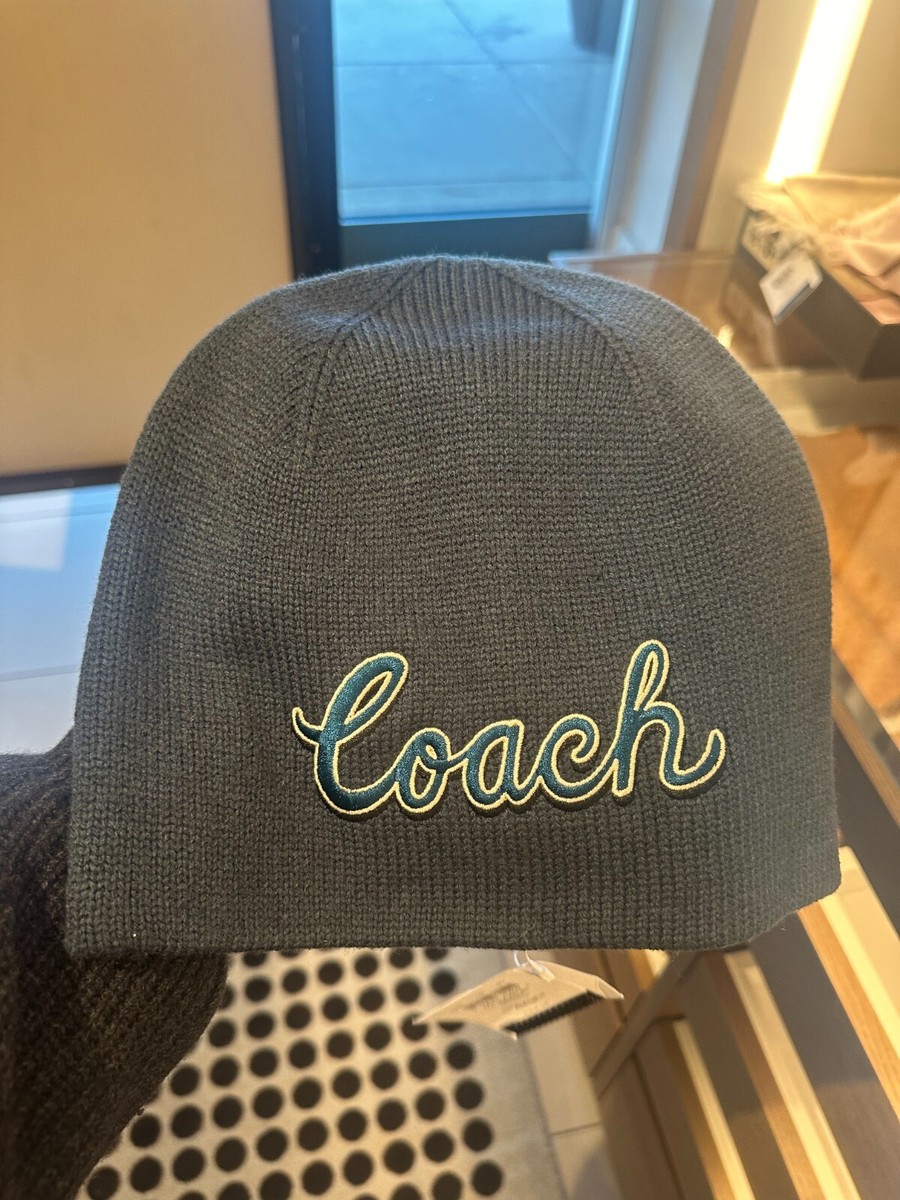 Coach Script Print Knit Beanie Navy | eBay