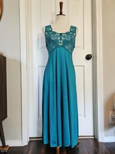 Vintage Teal Nylon Lace Maxi Nightgown Slip Dress Size Medium