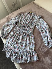 PrettyLittleThing Floral Mini Dress UK 8 Blue High Neck Ruffle Long Sleeve PLT