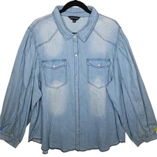 Davi & Dani Denim Chambray Puff Sleeve Top Pearl Snap Women 2XL Western Cottage 