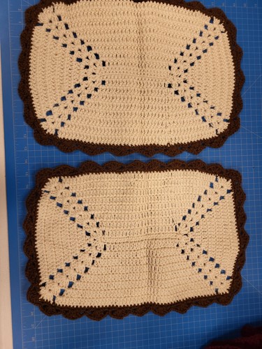 Set of 2 Hand Crocheted Rectangle Doilies Cream & Brown Scalloped 18x12 Inch
