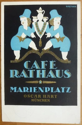 AK Künstler Werbung Cafe Rathaus Marienplatz München 1913 sign Valentin Zietara - Bild 1 von 2