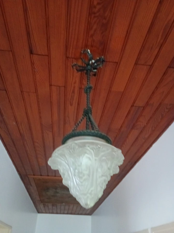 LUSTRE SUSPENSION abat-jour OBUS ancien - VERRE moulé pressé + monture fer forgé - Photo 4/4