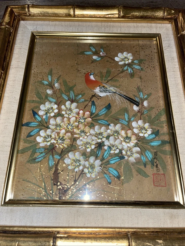 Pintura Acuarela Japonesa Vintage Pájaro y Flor Firmada 12x14 •USADA EN EXCELENTE ESTADO• Foto 4 de 4
