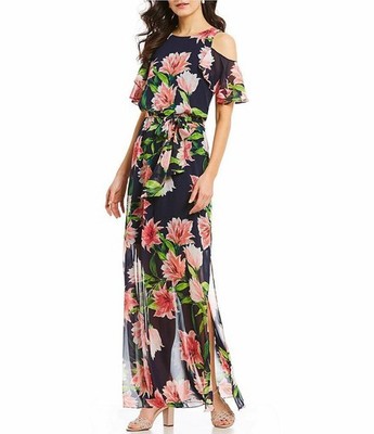 Eliza J Cold Shoulder Floral Gown Plus SZ 14W  Navy Multi