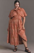 Exquise Anthropologie Midi Shirt Dress Tobie Red Pleated Preppy Retro XS NWT