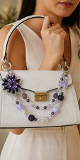 Purple Floral Beaded Purse Charm with Rhinestone Flower and Double Strand