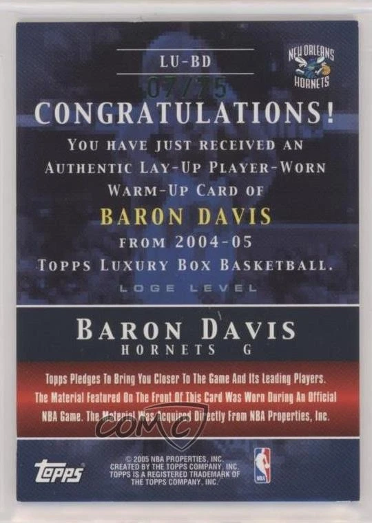 2004-05 Topps Luxury Box Lay-Up Relics Loge Level /75 Baron Davis #LU-BD - Image 2 of 2