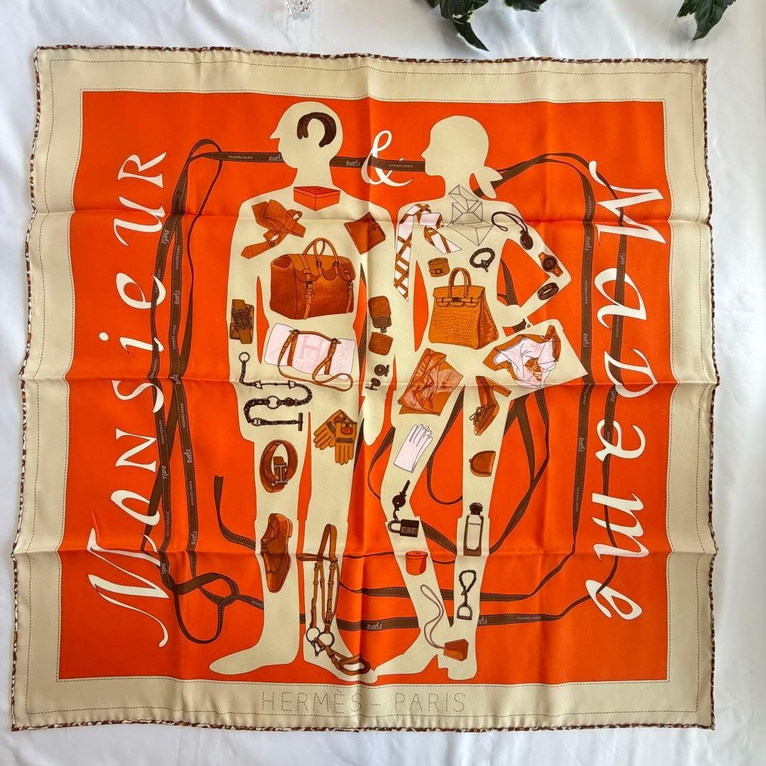HERMES Carre 70 Monsieur et Madame Silk Scarf Orange 100% Silk France