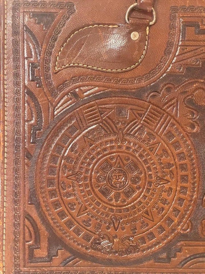 Vintage Hand Tooled Leather Briefcase Aztec Calendar Eagle Design Brown Bag - Image 4 of 4