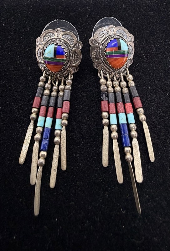 Carolyn Pollack Relios Sterling QT Native Tribal Heishi Earrings Zuni Inlay
