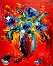 BLUE FLOWERS   IMPRESSIONIST  ORIGINAL OIL  PAINTING - ABSTRACT ART FY87E