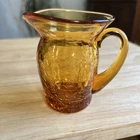 Vintage Amber Crackle Glass Small Pitcher Vase Hand Blown Applied Handle Blenko