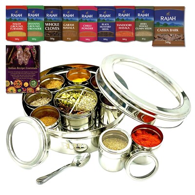 Masala Dabba Gewürzdose 22cm -9 Gläser + Rajah Gewürze, Löffel & Rezeptbuch Geschenkset