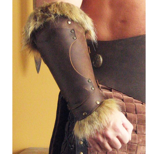 Medieval Retro Leater Bracers Faux Fur Edge Arm Armour Sleeve Wrist Guard - Afbeelding 3 van 9