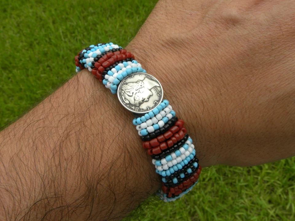 Cuff bracelet 1939 Mercury dime coin genuine Bison leather turquoise glass bead - Image 3 of 4