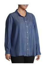 Terra & Sky Women's Plus size  Blue Button Down Long Sleeves shirt Blue