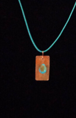 Artisan crafted 1 ½ x 1/2  hammered copper pendant with 1/2  teardrop turquoise,